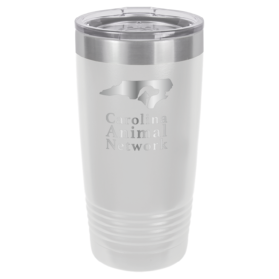 White / stainless 20 ounce tumbler laser engraved tumbler featuring the Carolina Animal Network logo