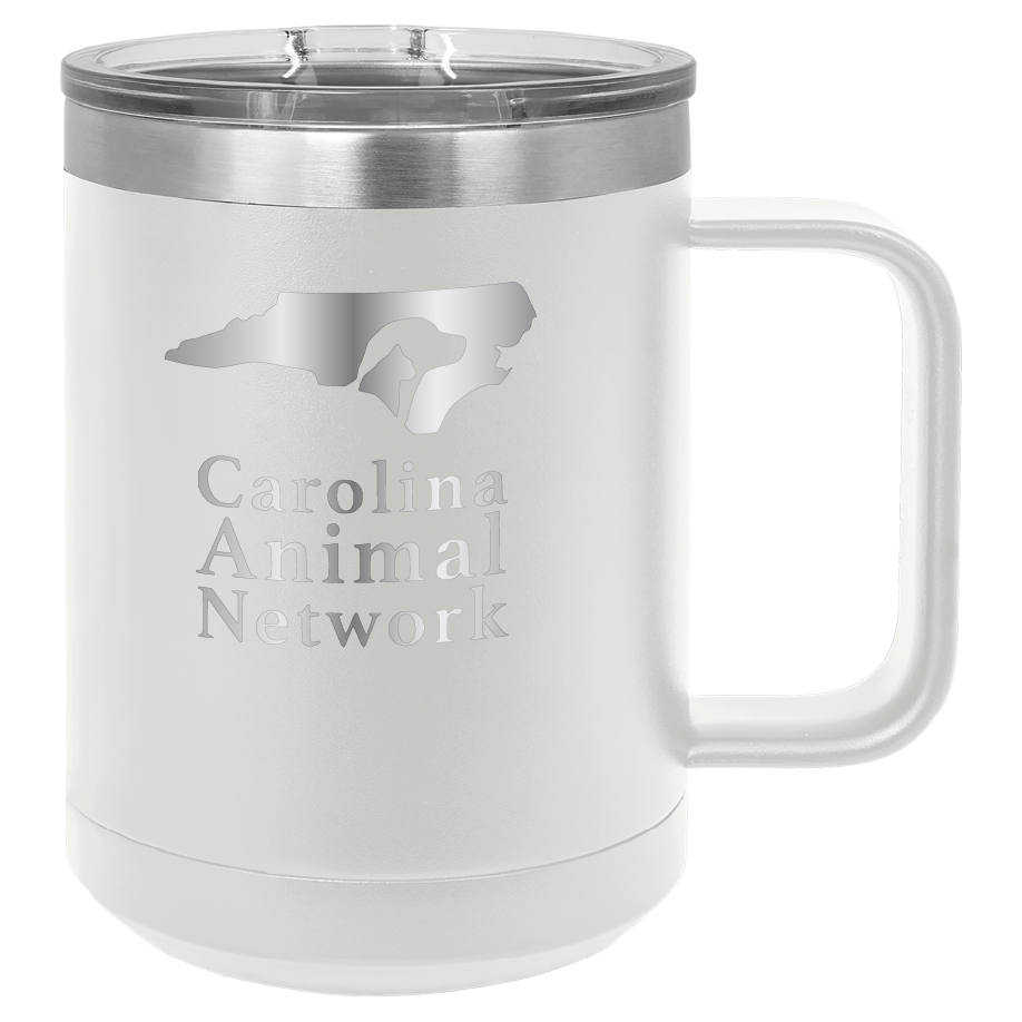 White 15 oz coffee cup laser engraved tumbler featuring the Carolina Animal Network logo
