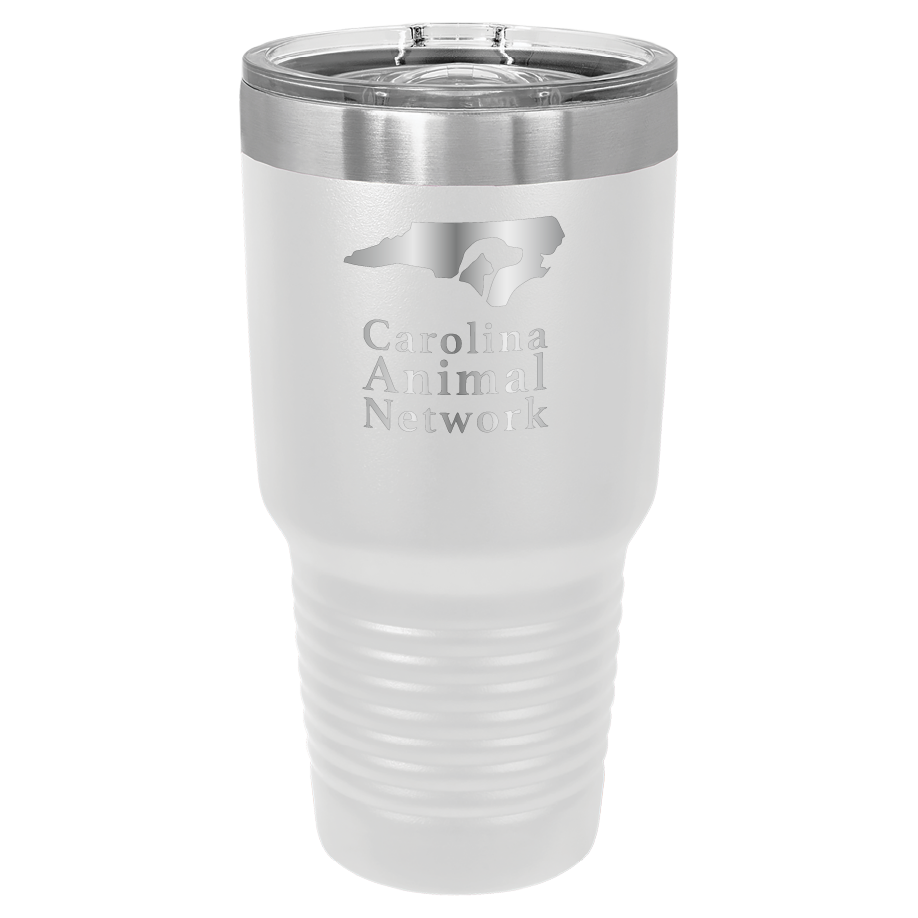 White 30 oz tumbler laser engraved  tumbler featuring the Carolina Animal Network logo