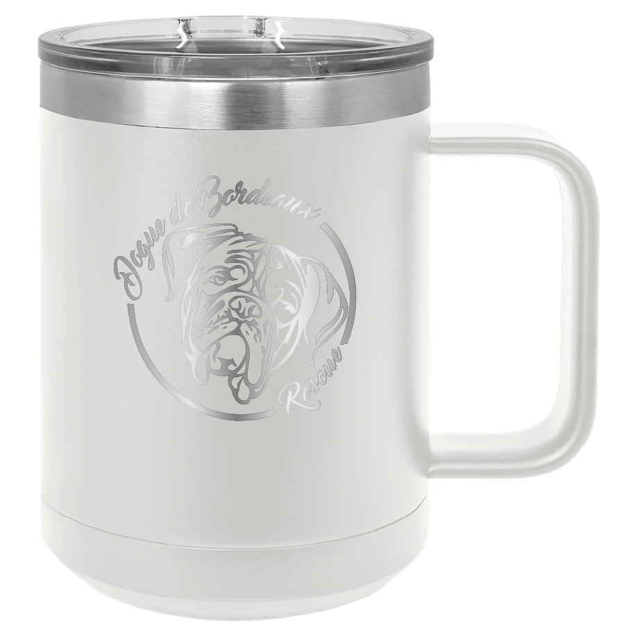 White 15 oz coffee cup laser engraved featuring the Dogue de Bordeaux Rescue, Inc. logo