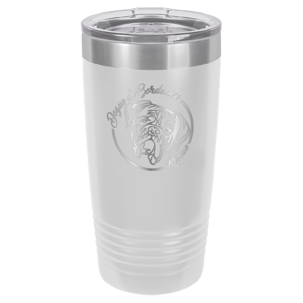 White/stainless  20 ounce laser engraved  tumbler featuring the Dogue de Bordeaux Rescue, Inc. logo