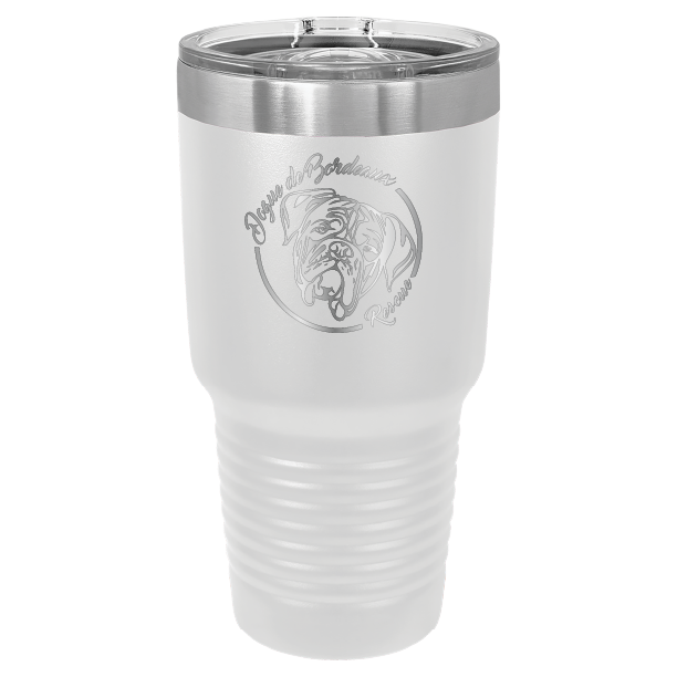 White 30 oz tumbler laser engraved featuring the Dogue de Bordeaux Rescue, Inc. logo
