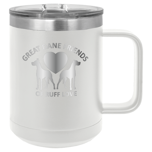 White 15 oz laser engraved coffee mug featuring the Great Dane Friends of Ruff Love logo