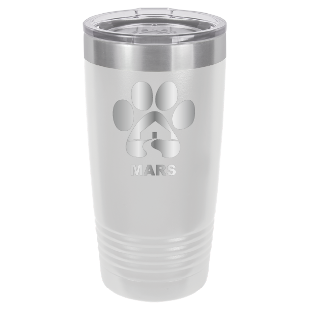 White 20 ounce laser engraved tumbler with the Midwest Animal Rescue & Services (MARS) logo.