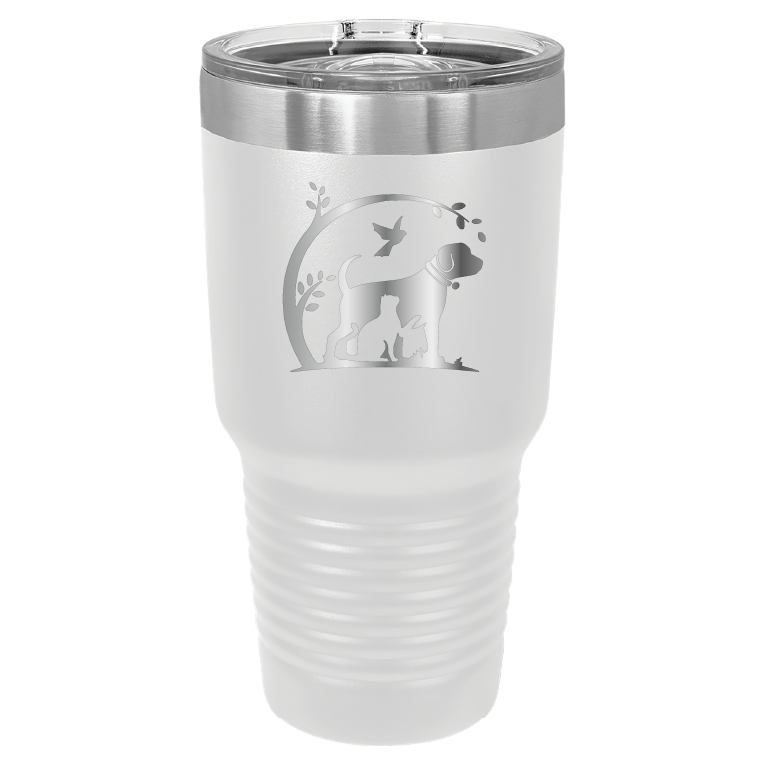 White 30 oz laser engraved tumbler featuring the No Critter Left Behind logo