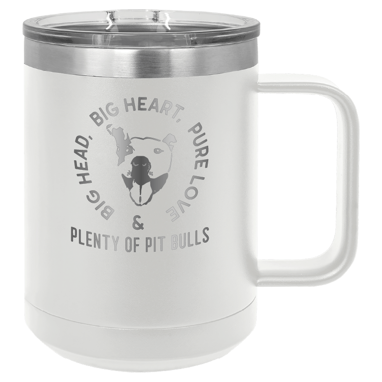 White 15 oz coffee cup laser engraved featuring the Plenty of Pit Bulls logo