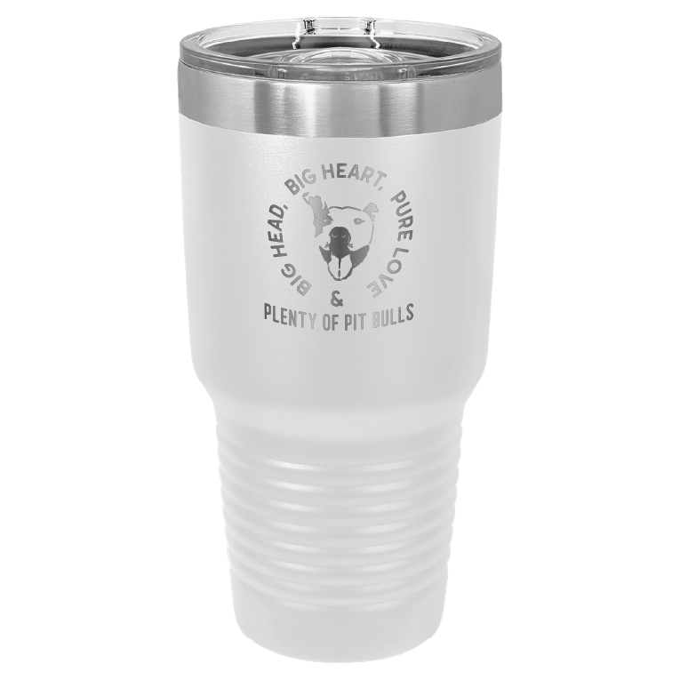 White 30 oz tumbler laser engraved featuring the Plenty of Pit Bulls logo