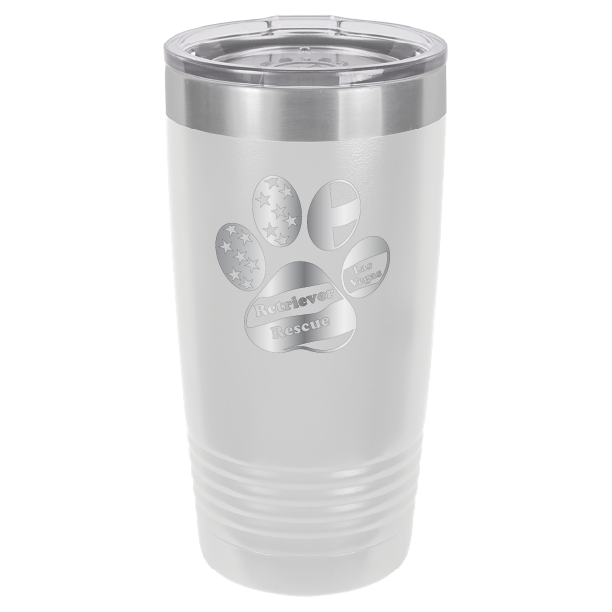 White laser engraved 20 tumbler featuring the Retriever Rescue of Las Vegas logo