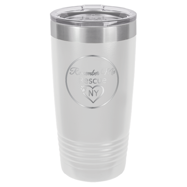 White laser engraved 20 tumbler featuring the logo of Remember Me Rescue NY