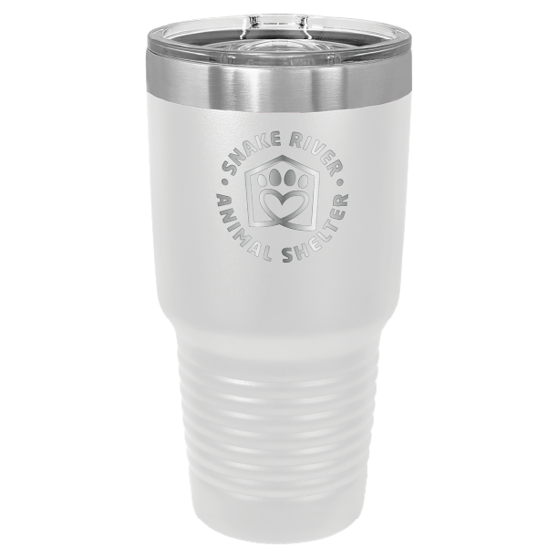 White 30 ounce laser engraved tumbler, featuring the with the Snake River Animal Shelter logo
