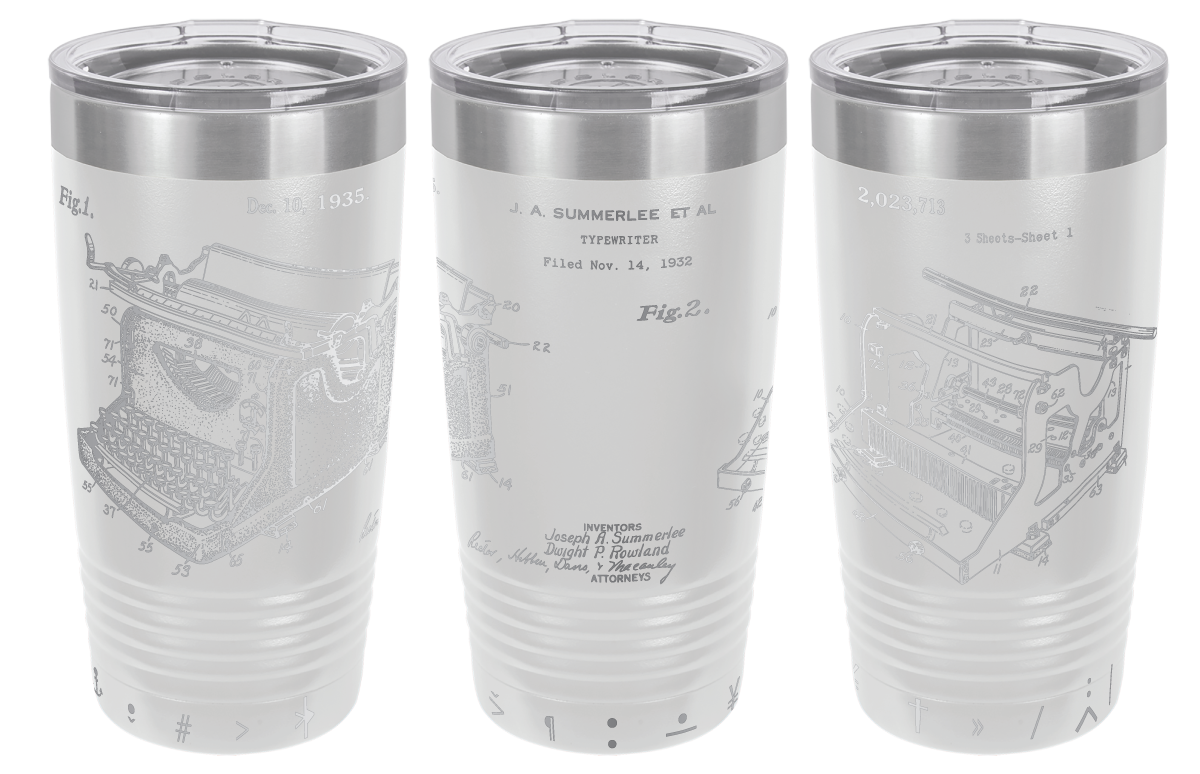Vintage typewriter patent laser engraved on a white stainless steel tumbler