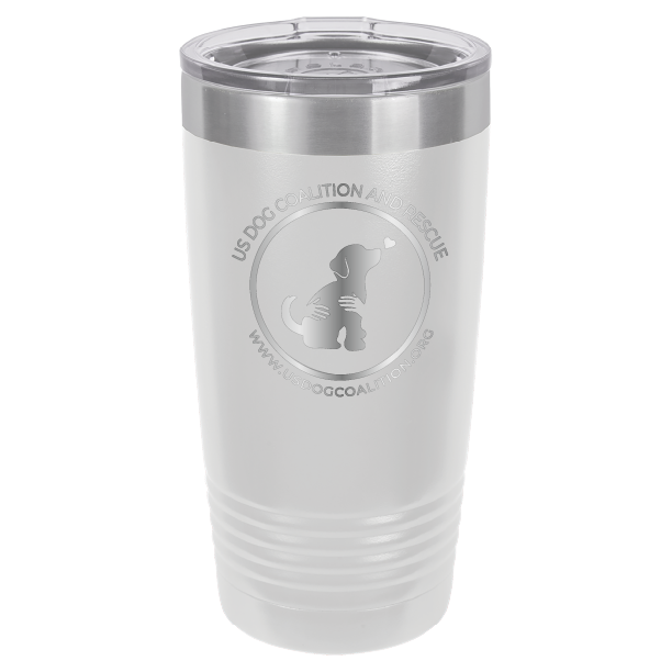 White 20 Oz Laser Engraved Tumbler featuring the US Dog Coalition logo.