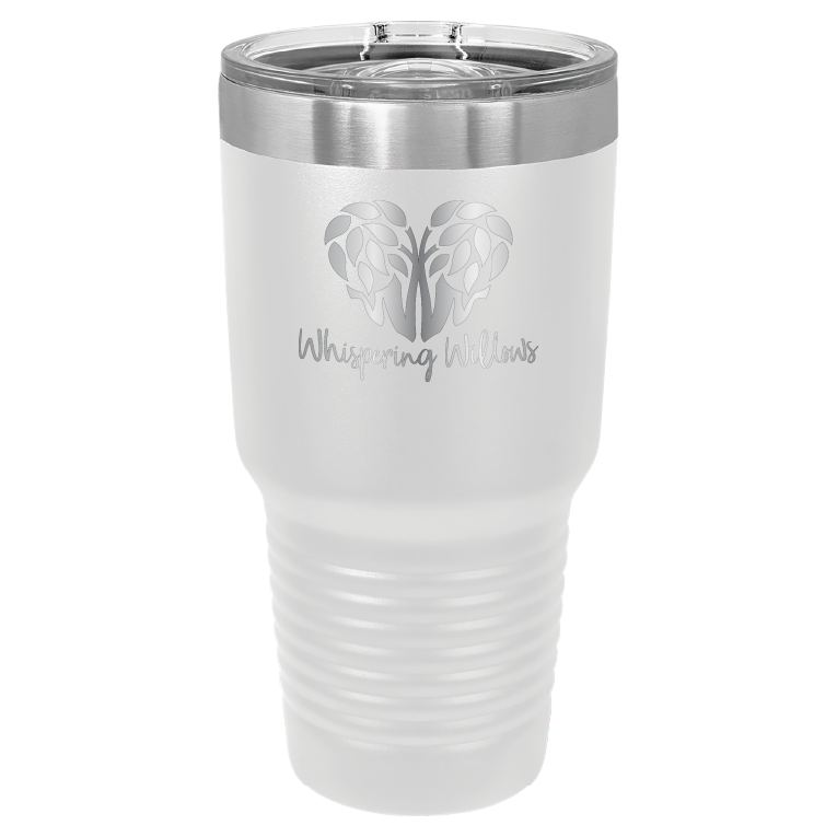 White 30 oz laser engraved tumbler featuring the Whispering Willows logo.