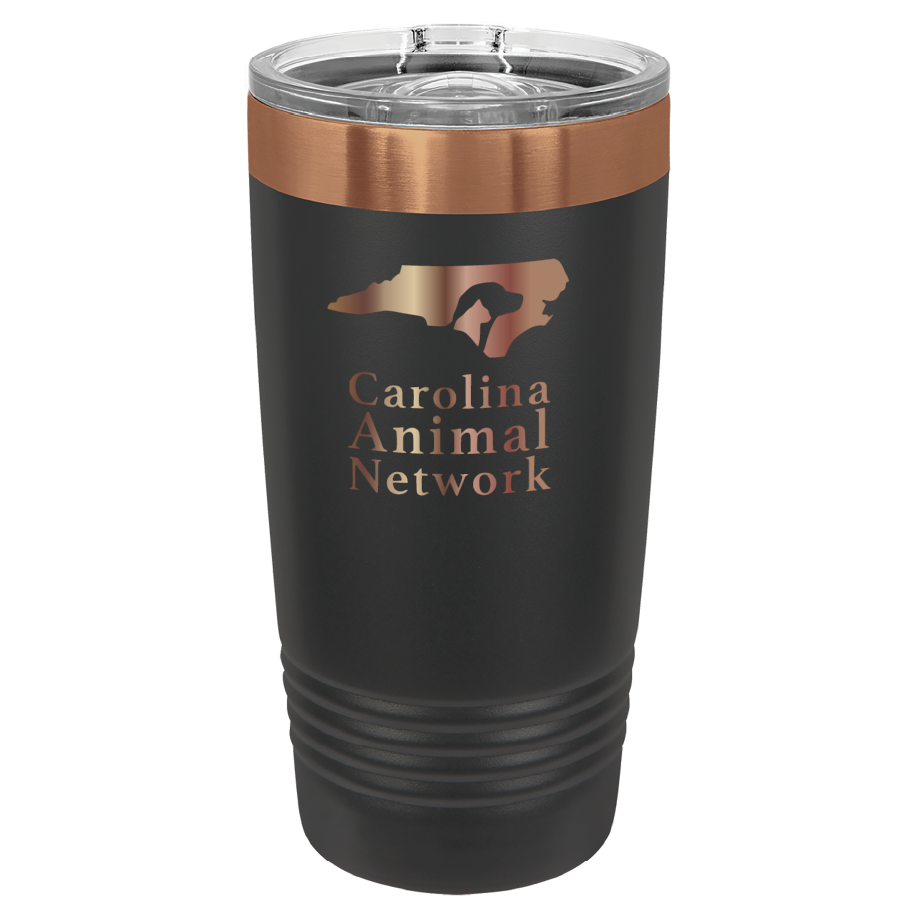 Black / copper 20 ounce tumbler laser engraved tumbler featuring the Carolina Animal Network logo