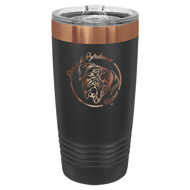Black/copper 20 ounce laser engraved  tumbler featuring the Dogue de Bordeaux Rescue, Inc. logo