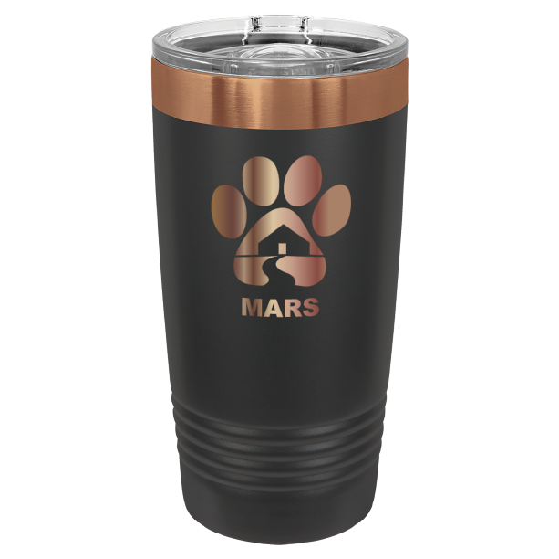 Black and copper 20 ounce laser engraved tumbler with the Midwest Animal Rescue & Services (MARS) logo.