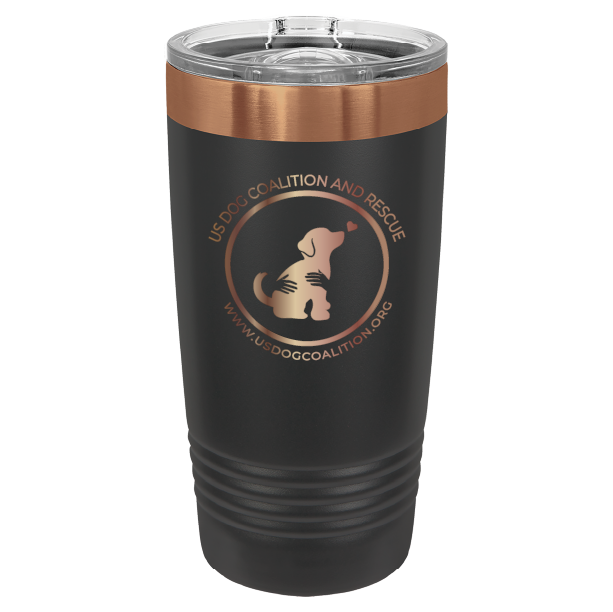 Black and Copper 20 Oz Laser Engraved Tumbler featuring the US Dog Coalition logo.