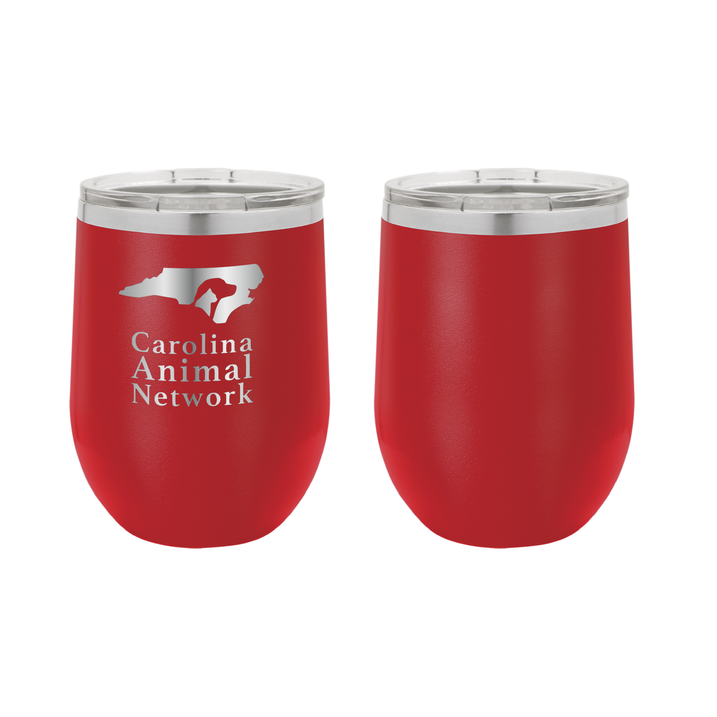 Red 12 oz wine tumbler laser engraved tumbler featuring the Carolina Animal Network logo