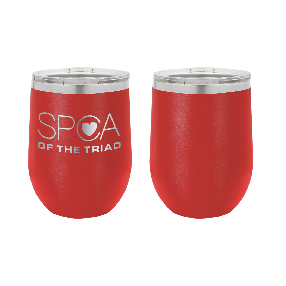 Red 12 oz Laser engraved wine tumbler featuring the SPCA of the Triad logo.