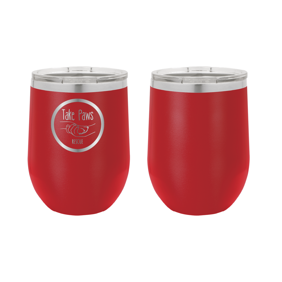 Red 12 oz wine tumbler laser engraved tumbler featuring the Take Paws Rescue logo