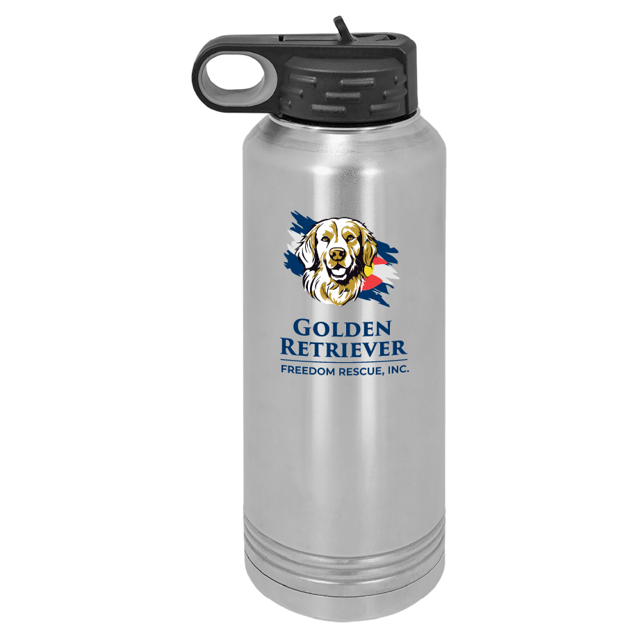 Stainless steel full color printed 40 oz water bottle featuring the Golden Retriever Freedom Rescue logo
