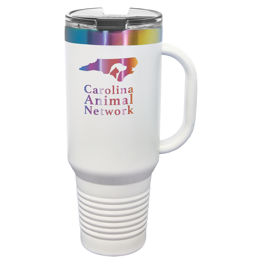 White / prism 40 oz water bottle laser engraved  tumbler featuring the Carolina Animal Network logo