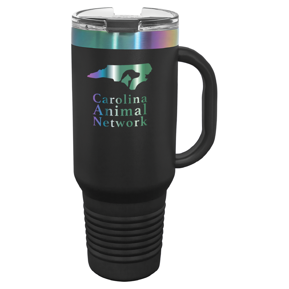 Black / prism 40 oz water bottle laser engraved  tumbler featuring the Carolina Animal Network logo