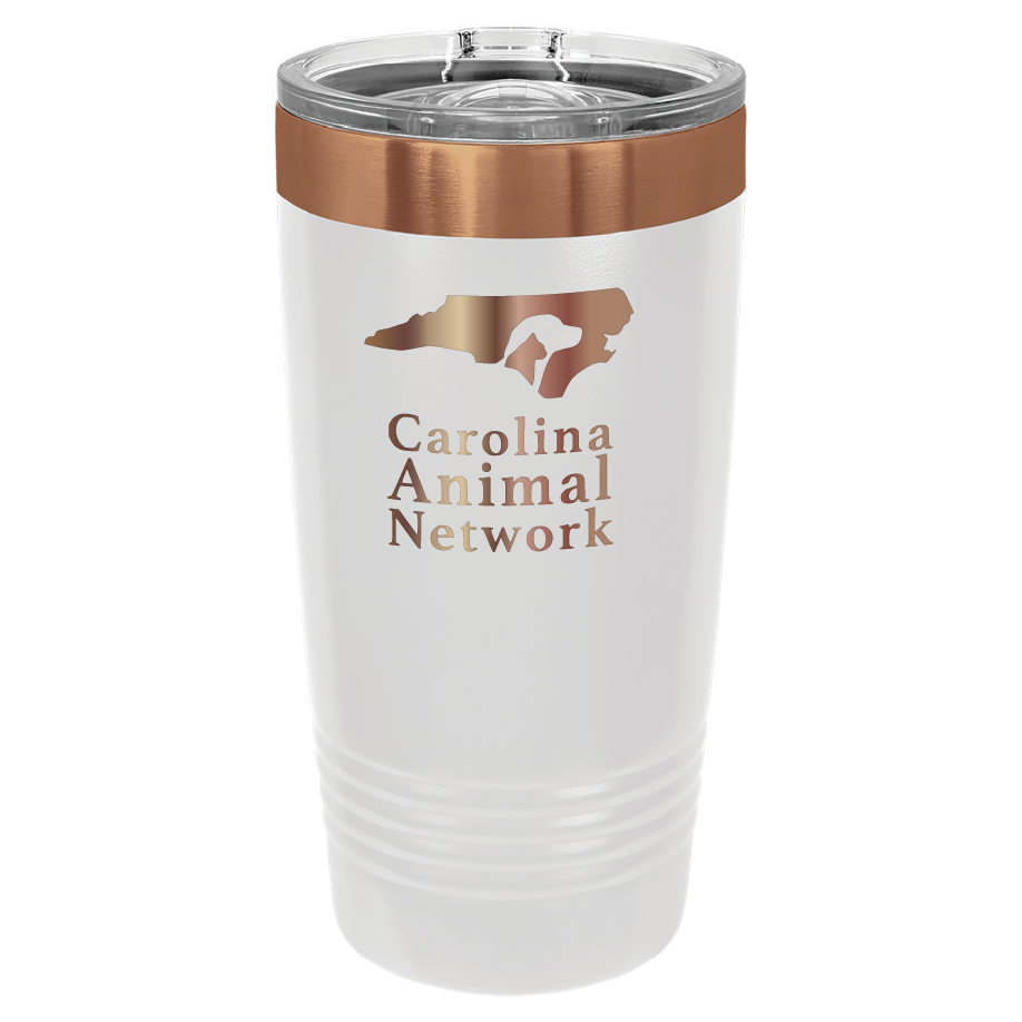 White / copper 20 ounce tumbler laser engraved  tumbler featuring the Carolina Animal Network logo