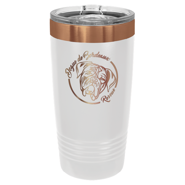 White/copper 20 ounce laser engraved  tumbler featuring the Dogue de Bordeaux Rescue, Inc. logo