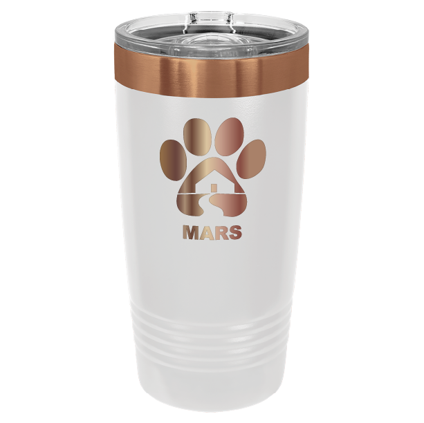 White and copper 20 ounce laser engraved tumbler with the Midwest Animal Rescue & Services (MARS) logo.