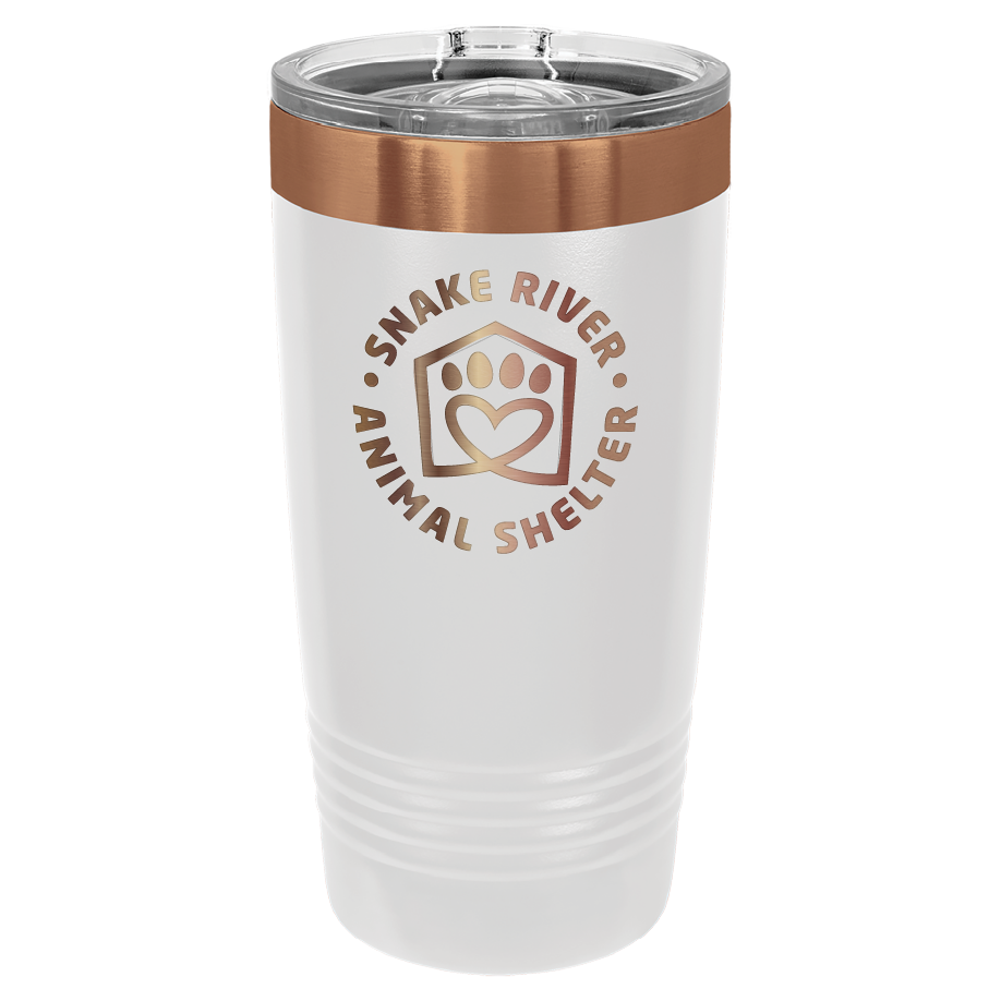 White/copper 20 oz laser engraved tumbler featuring the logo of Snake River Animal Shelter