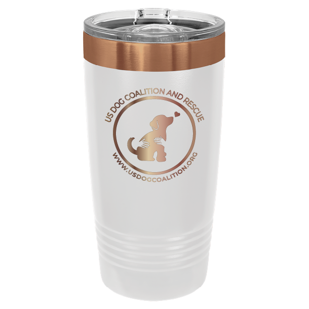 White and Copper 20 Oz Laser Engraved Tumbler featuring the US Dog Coalition logo.