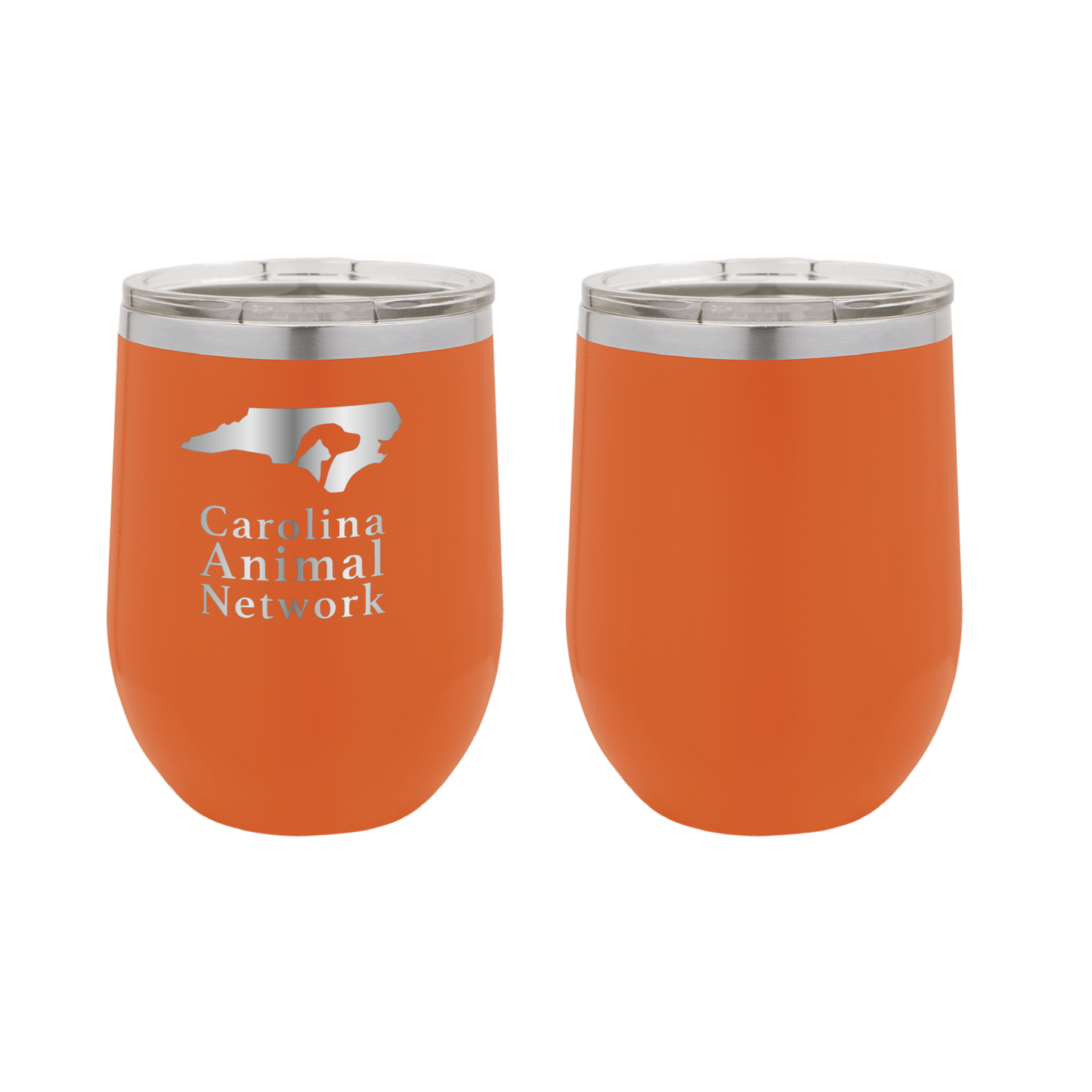 Orange 12 oz wine tumbler laser engraved tumbler featuring the Carolina Animal Network logo