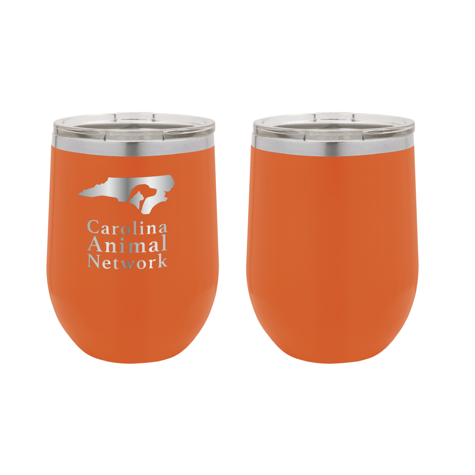 Orange 12 oz wine tumbler laser engraved  tumbler featuring the Carolina Animal Network logo