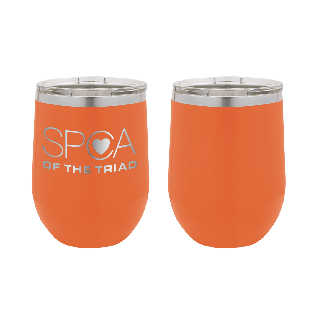 Orange 12 oz Laser engraved wine tumbler featuring the SPCA of the Triad logo.