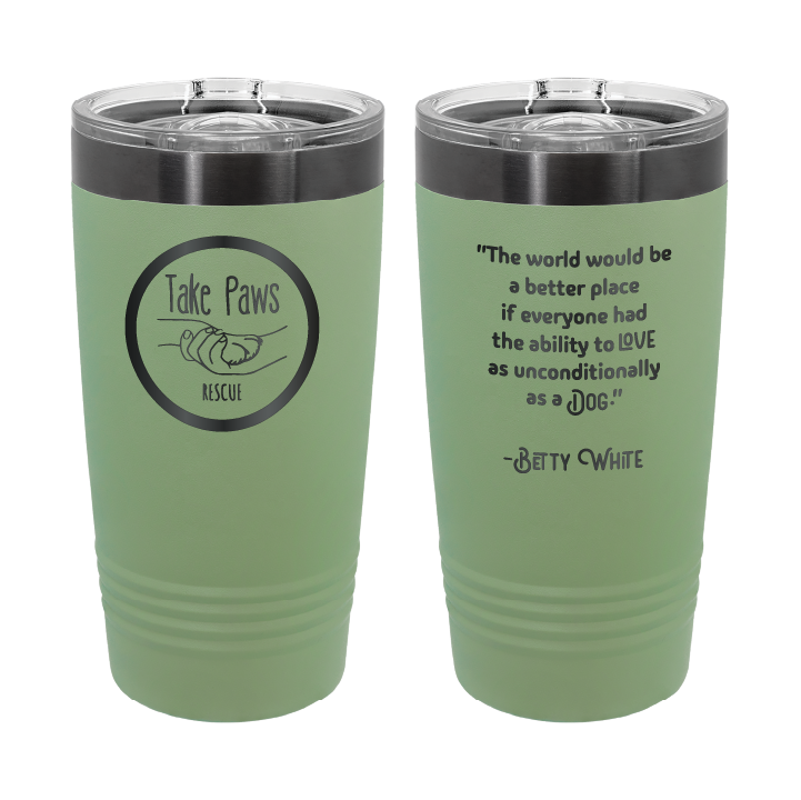 Summer sage / ghost black 20 ounce tumbler laser engraved tumbler featuring the Take Paws Rescue logo