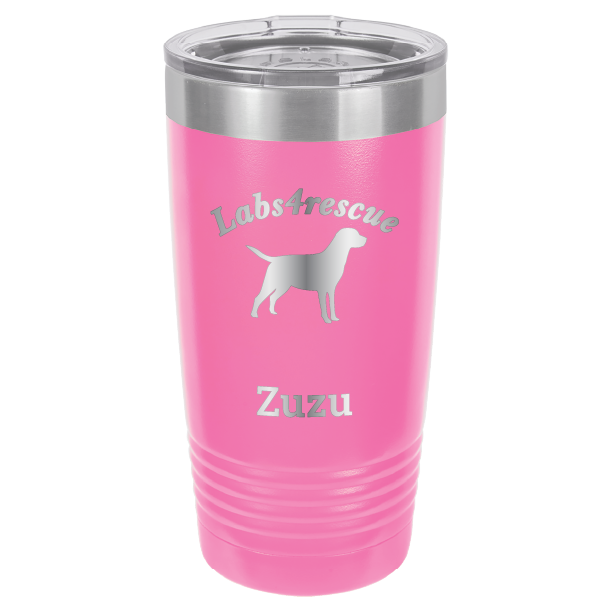 Pink laser engraved 20 oz tumbler featuring the Labs4rescue logo and the name Zuzu.