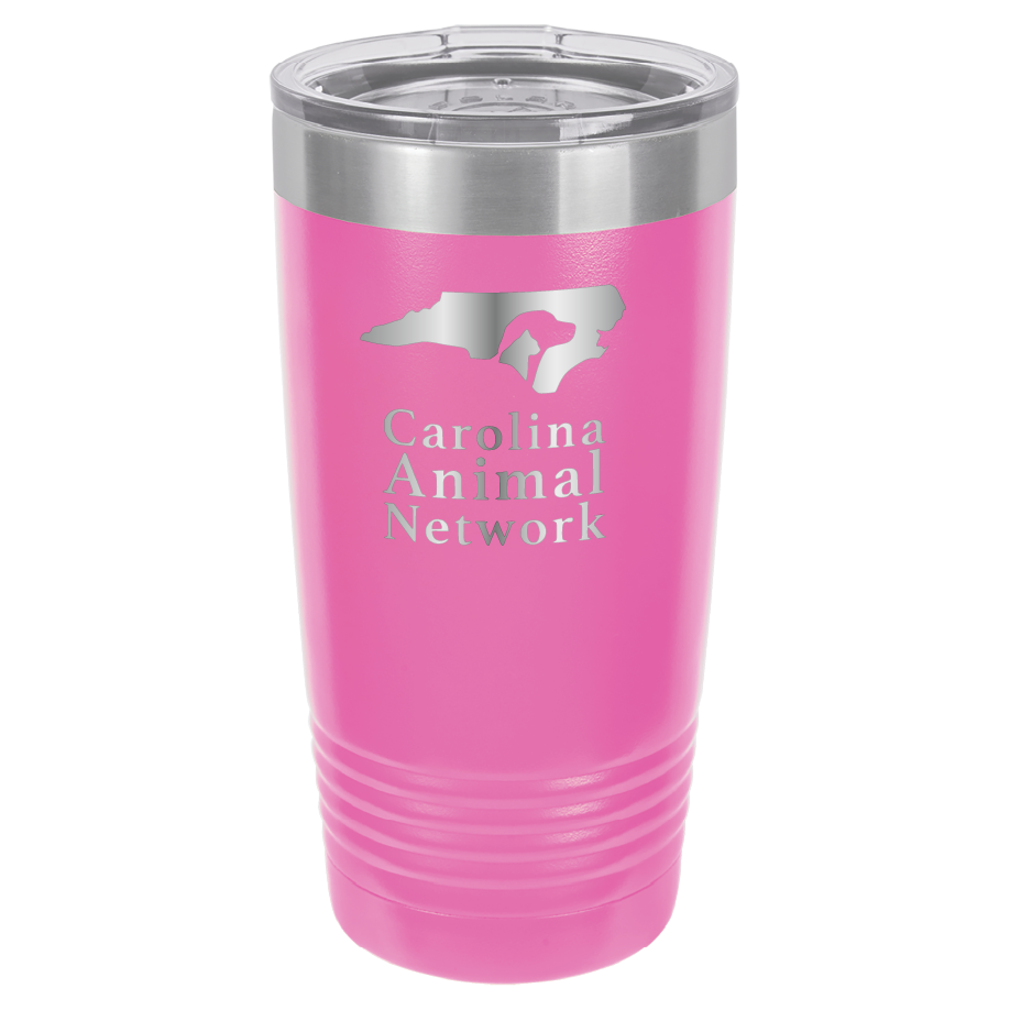 Pink 20 ounce tumbler laser engraved tumbler featuring the Carolina Animal Network logo