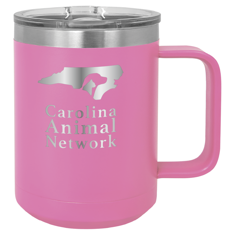 Pink 15 oz coffee cup laser engraved  tumbler featuring the Carolina Animal Network logo