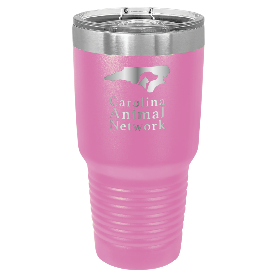 Pink 30 oz tumbler laser engraved tumbler featuring the Carolina Animal Network logo
