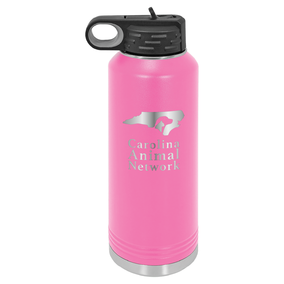 Pink 40 oz water bottle laser engraved tumbler featuring the Carolina Animal Network logo