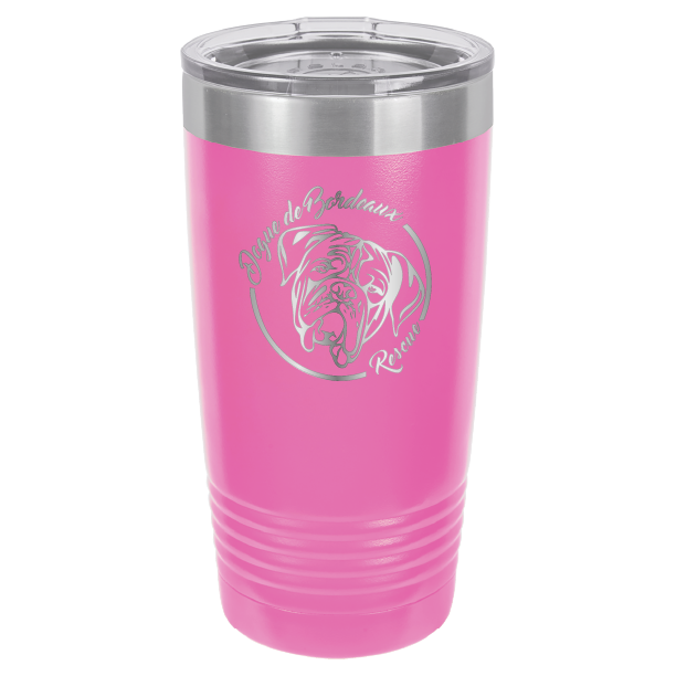 Pink 20 ounce laser engraved  tumbler featuring the Dogue de Bordeaux Rescue, Inc. logo