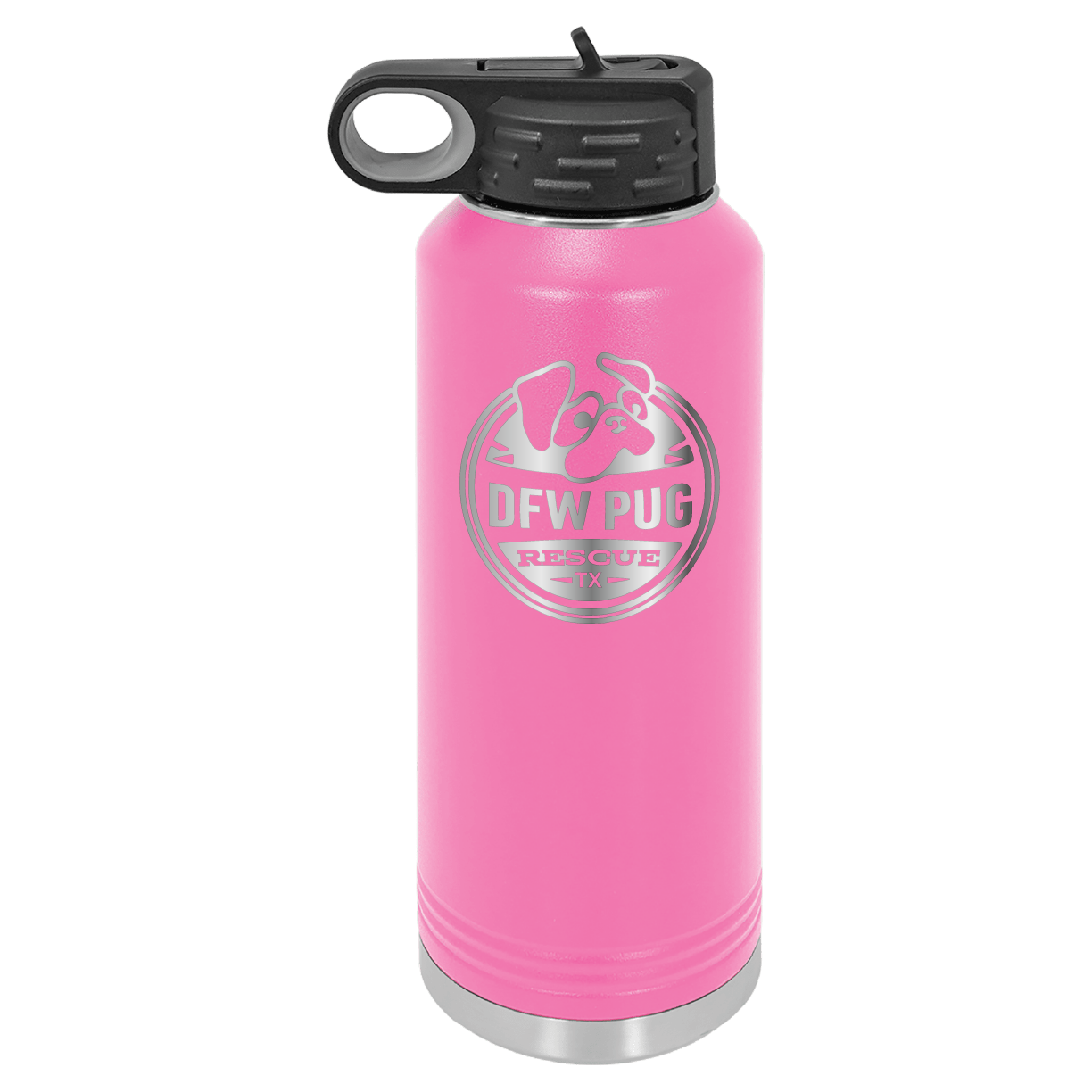 Pink laser engraved 40 oz water bottle featuring the DFW Pug Rescue logo