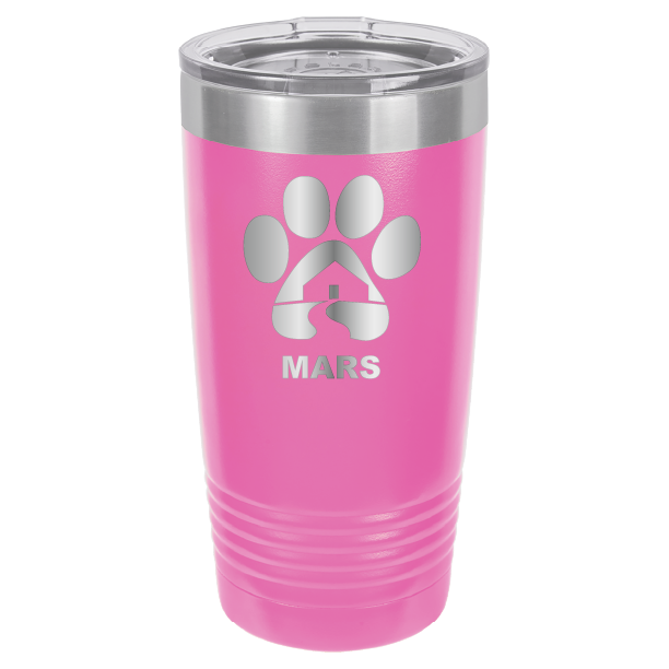 Pink 20 ounce laser engraved tumbler with the Midwest Animal Rescue & Services (MARS) logo.