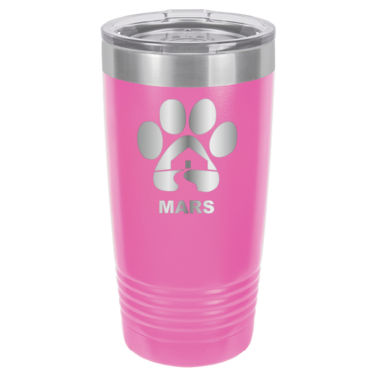 Pink 20 ounce laser engraved tumbler with the Midwest Animal Rescue & Services (MARS) logo.