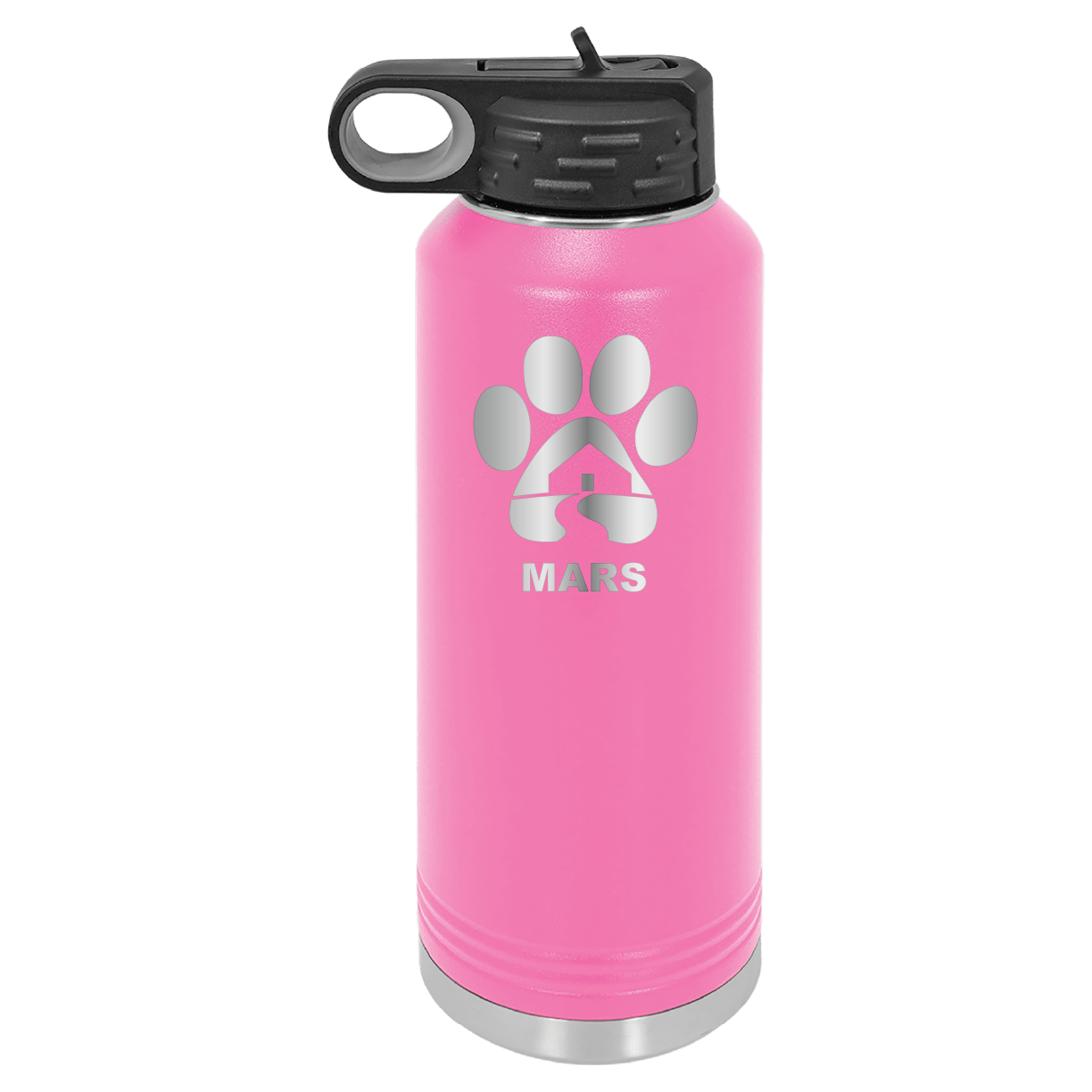 Pink 40 ounce laser engraved water bottle, featuring the with the Midwest Animal Rescue & Services (MARS) logo