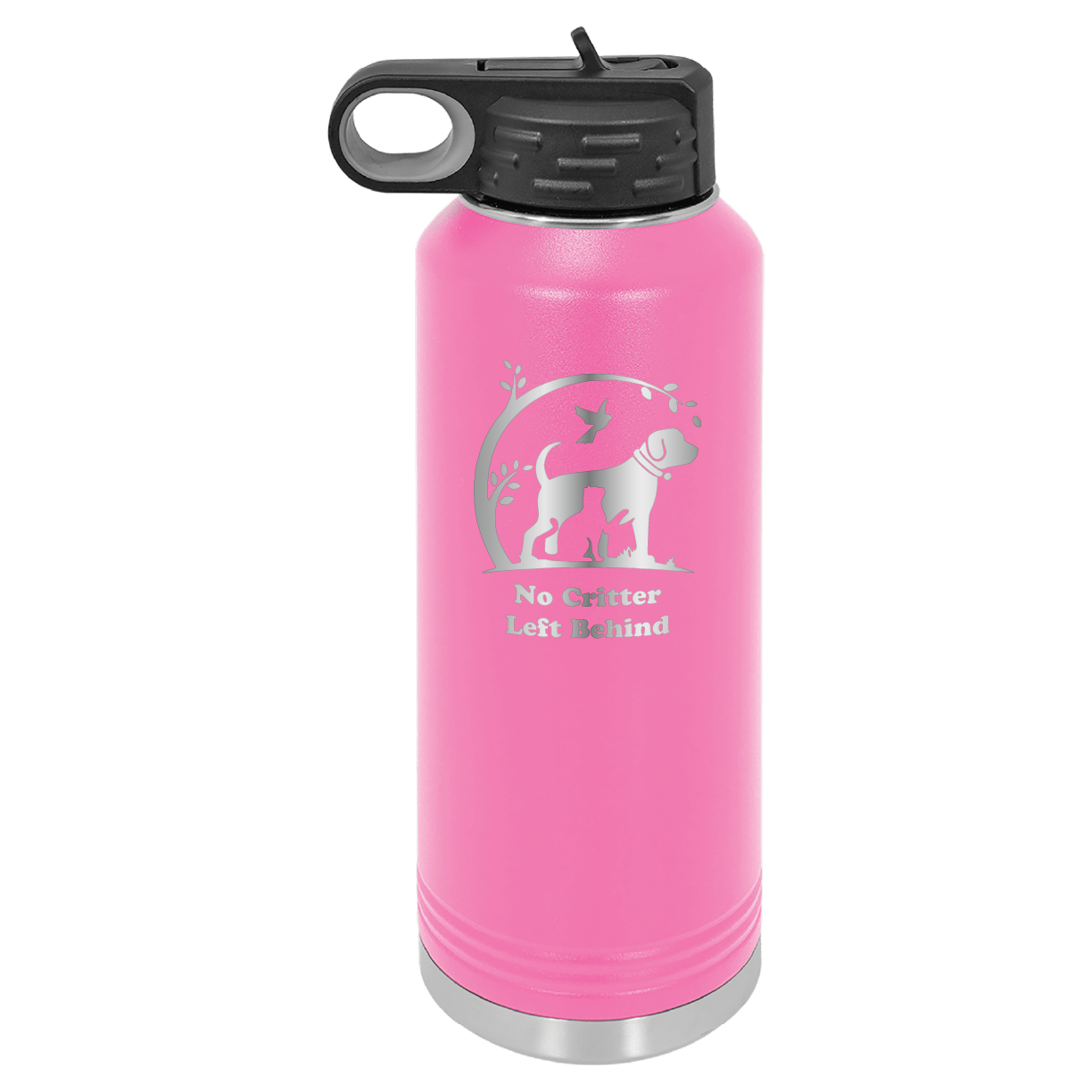 Pink laser engraved 40 oz water bottle featuring the No Critter Left Behind logo