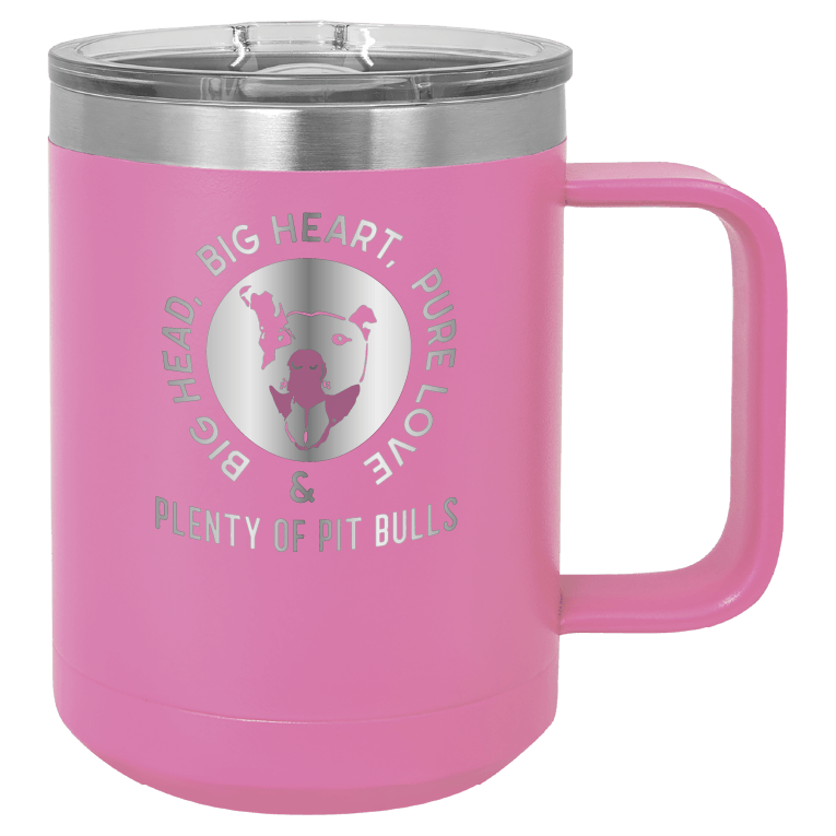 Pink 15 oz coffee cup laser engraved featuring the Plenty of Pit Bulls logo