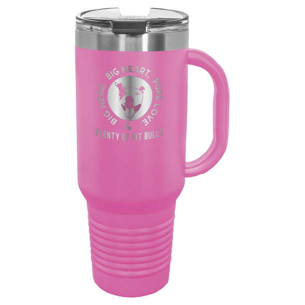 Pink 40 oz tumbler with handle laser engraved featuring the Plenty of Pit Bulls logo