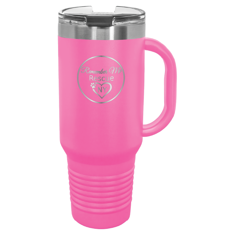 Pink 40 oz laser engraved tumbler featuring the Remember Me Rescue NY logo.